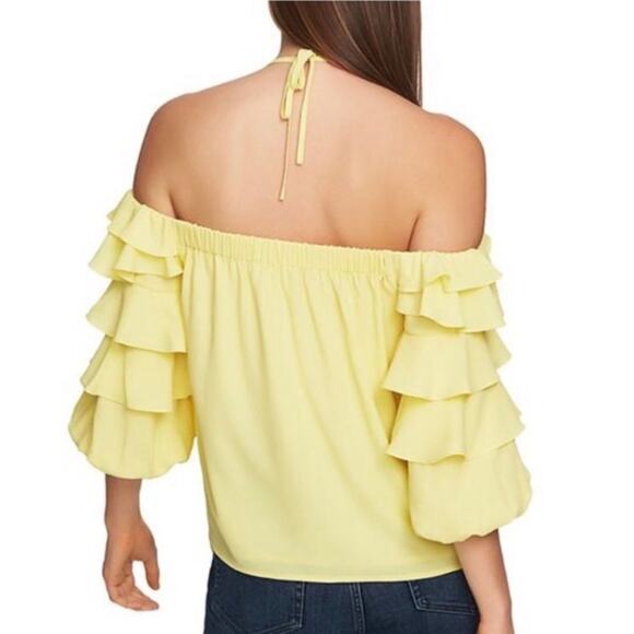 1. State yellow off shoulder ruffle short sleeve chiffon halter top small - Picture 2 of 6